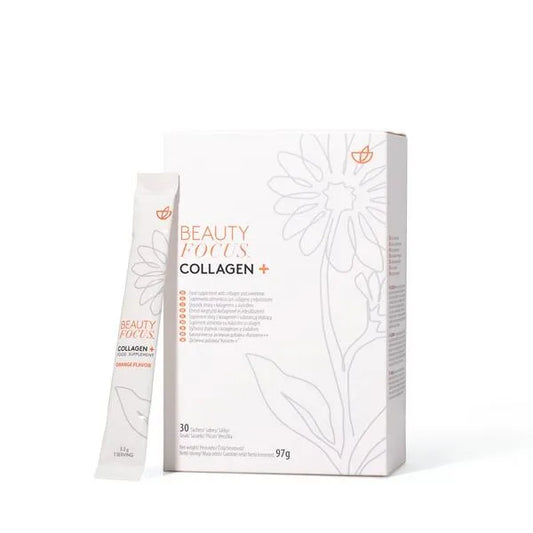 Beauty Focus collagen supplement packaging with floral design on a white background