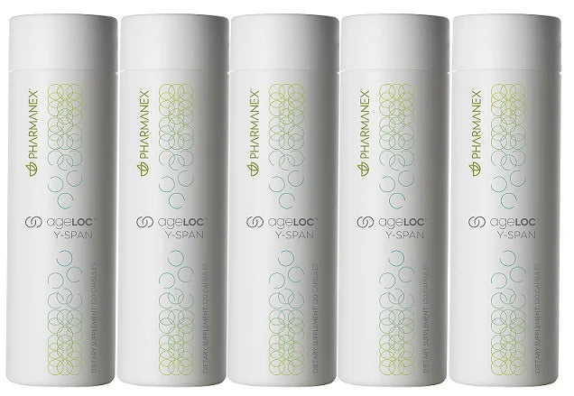 Five white bottles of Pharmaxen ageLOC Y-Span on a white background